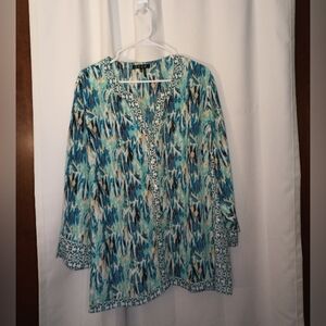 Zozo Womens Plus Artsy Button Up Top 2X Blue Lightweight Abstract Beach
